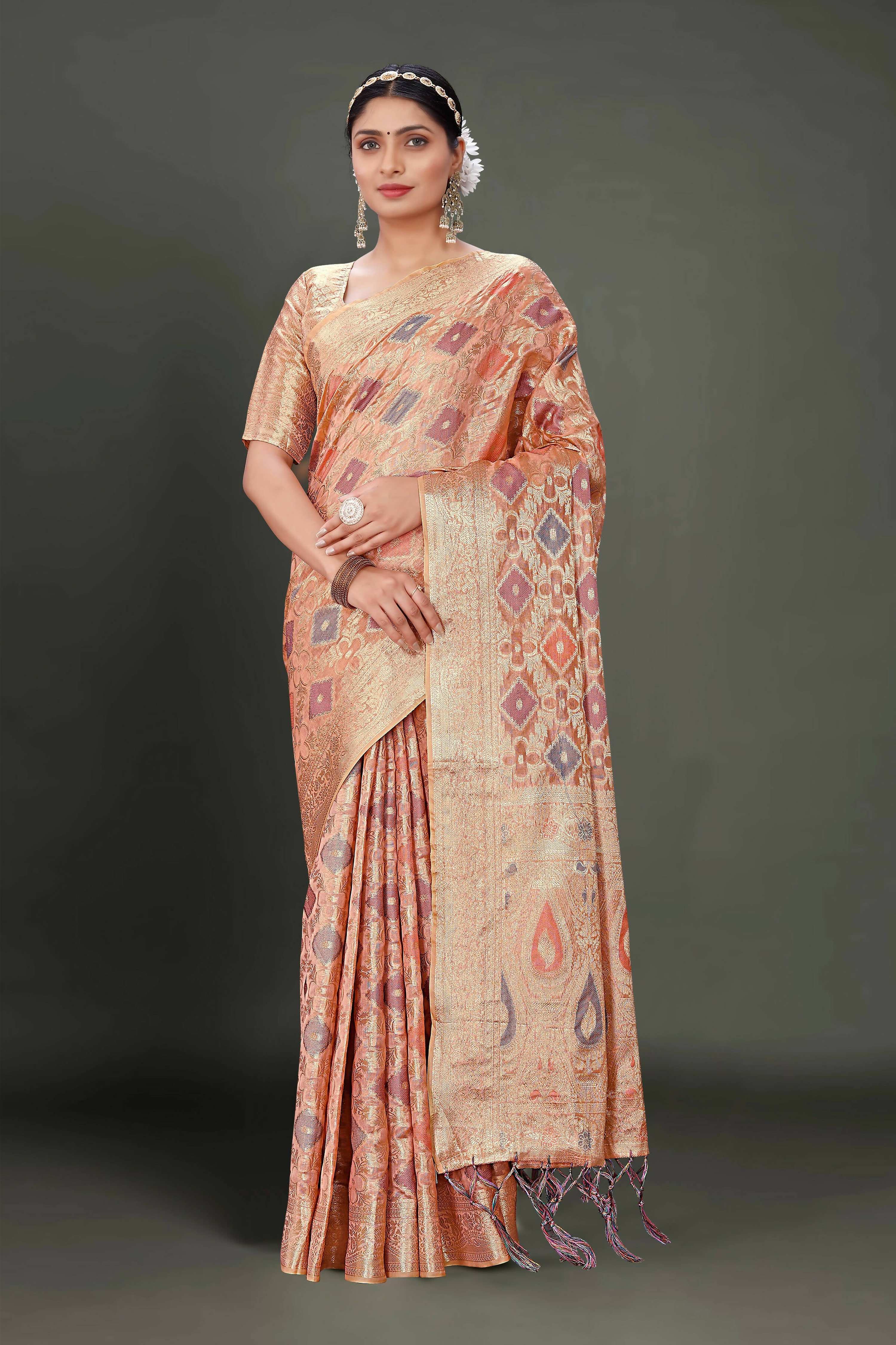 Pink Soft Organza Woven Design Saree With Unstitched Blouse Piece - Zaara - Distacart