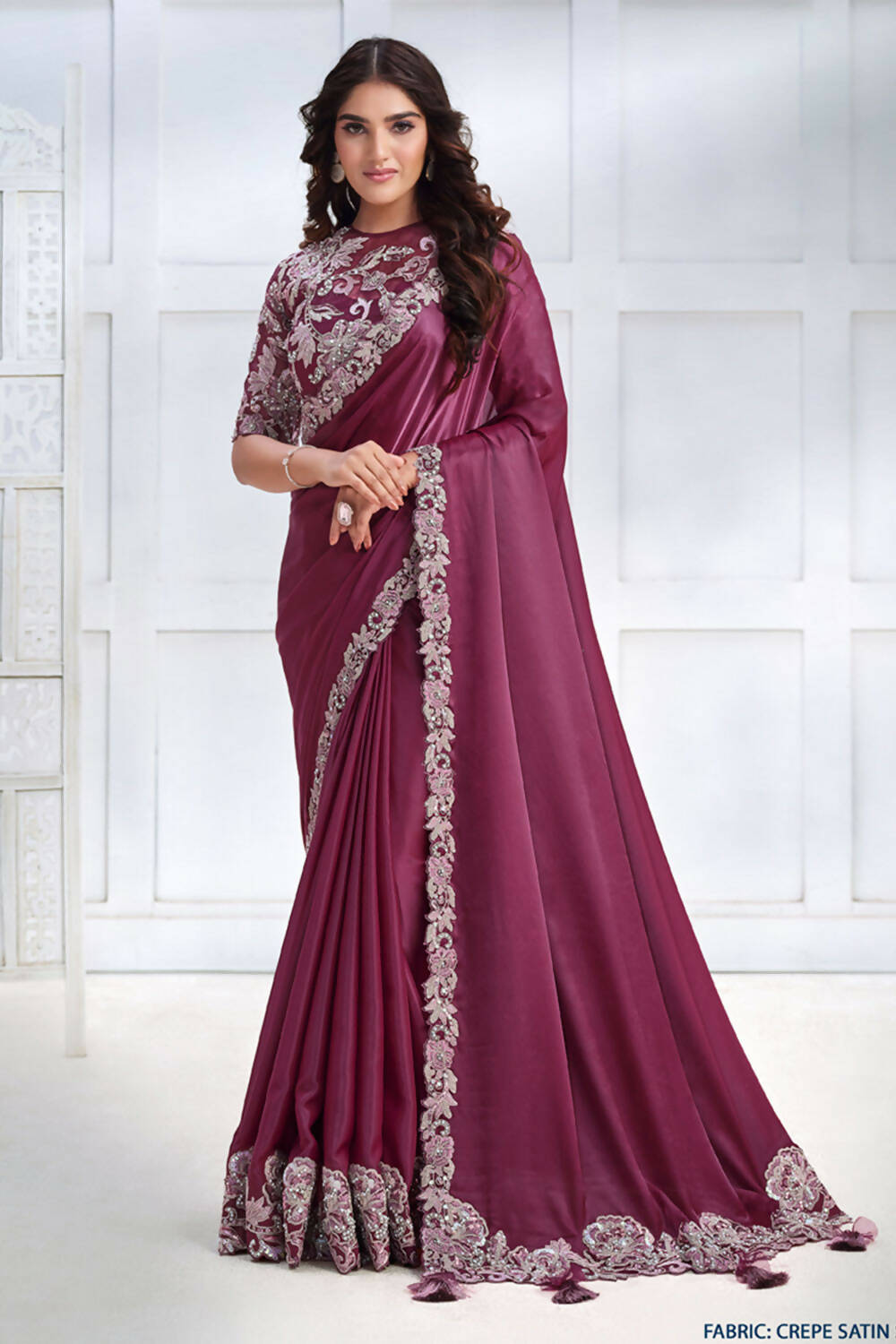 Magenta Crepe satin silk Cord & Sequence Embroidered with Stone work Saree - Mohmanthan Majestica - Distacart