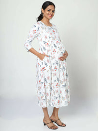 Thumbnail for Manet Three Fourth Maternity Dress Floral Print With Concealed Zipper Nursing Access - White - Distacart