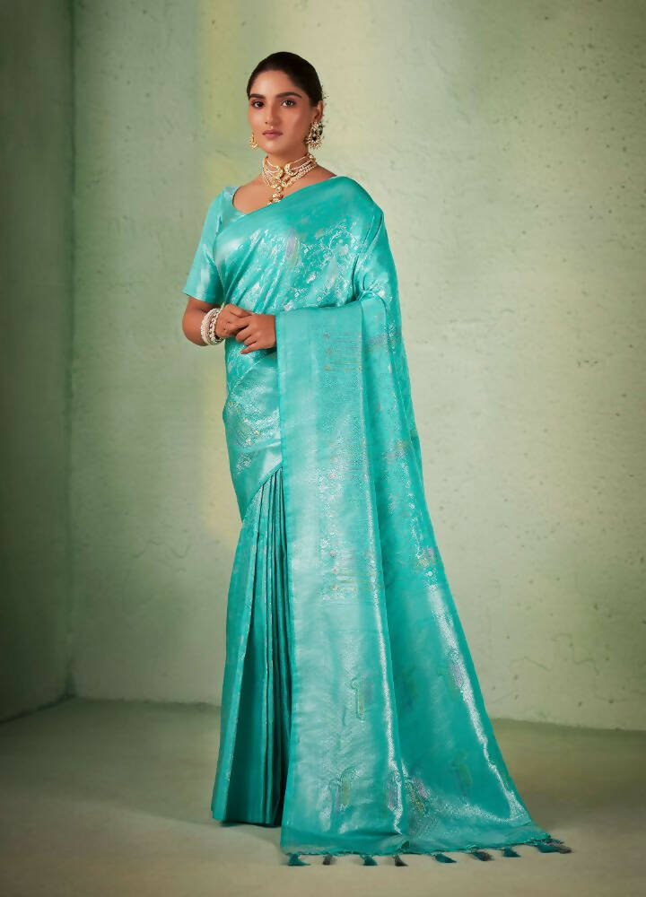 Glamorous Designer Turquoise Color Kanjivaram Silk Saree With Weaving Work - Yomika Fashions - Distacart
