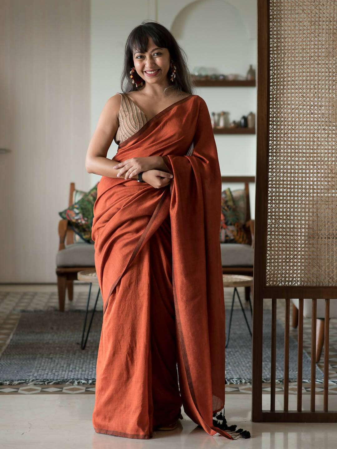 Suta Rust Solid Cotton Blend Saree - Distacart