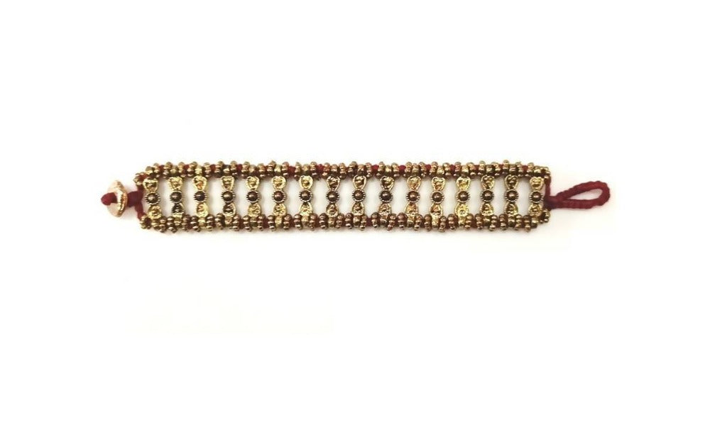 Bling Accessories Antique Brass Hand Weaved Metal Beads Burgundy Color Bracelet