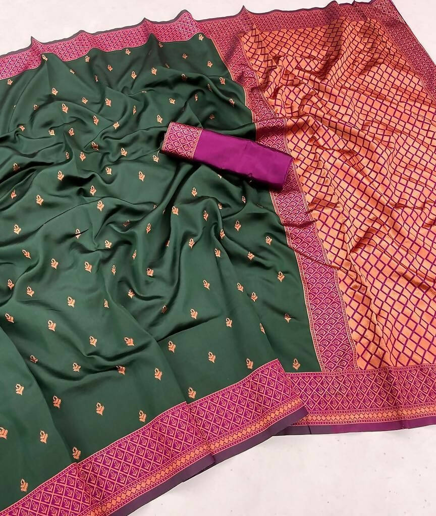 DEIANA'S Beautiful Golden Jari with New Design Soft Lichi Silk Saree - Green - Distacart