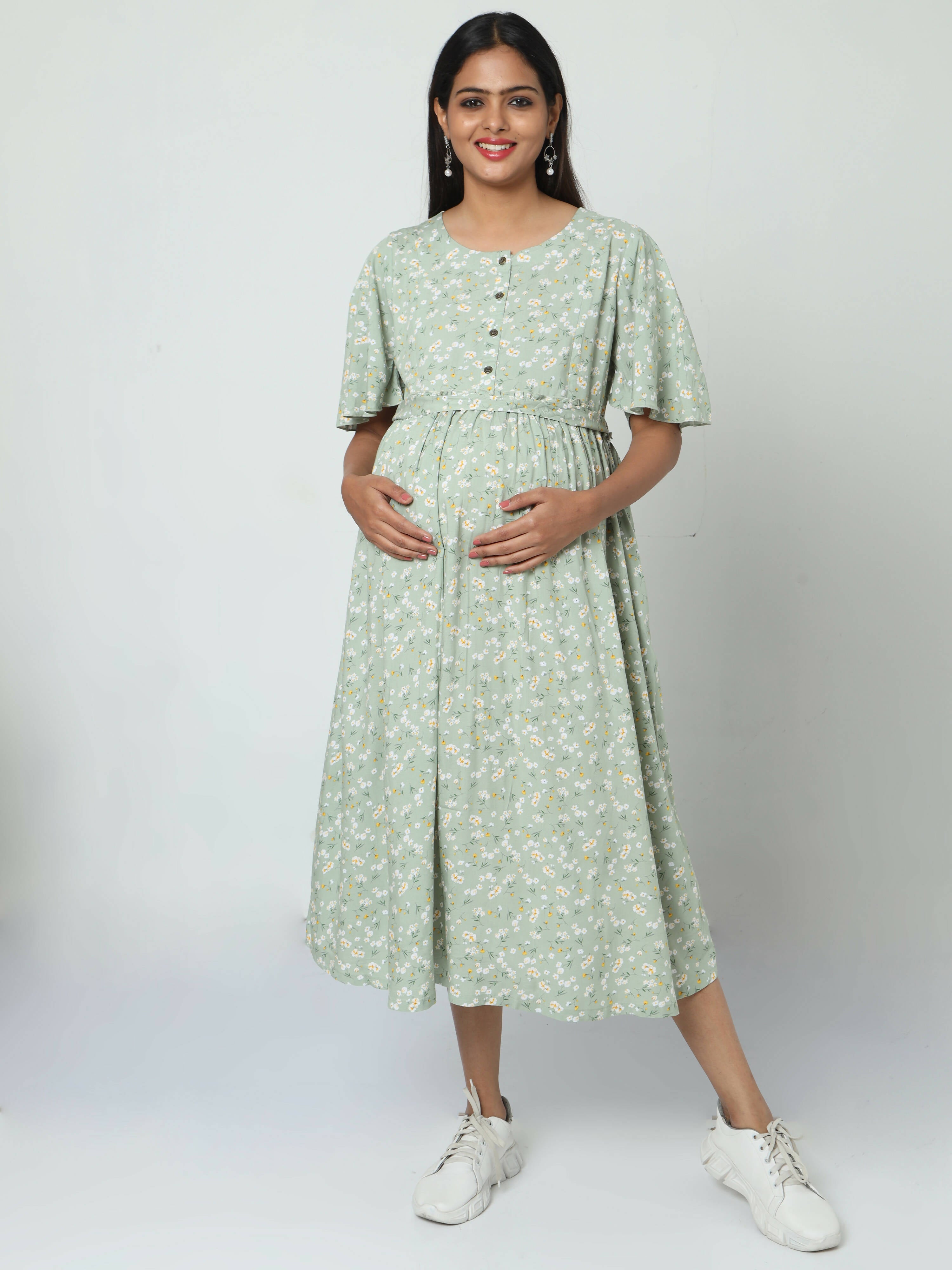 Manet Frill Slevees Maternity Dress Floral Print With Concealed Zipper Nursing Access - Green - Distacart