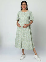 Thumbnail for Manet Frill Slevees Maternity Dress Floral Print With Concealed Zipper Nursing Access - Green - Distacart