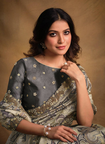 Grey Burning Tissue Designer Saree with Unstitched Blouse - Norita Mahitha - Distacart