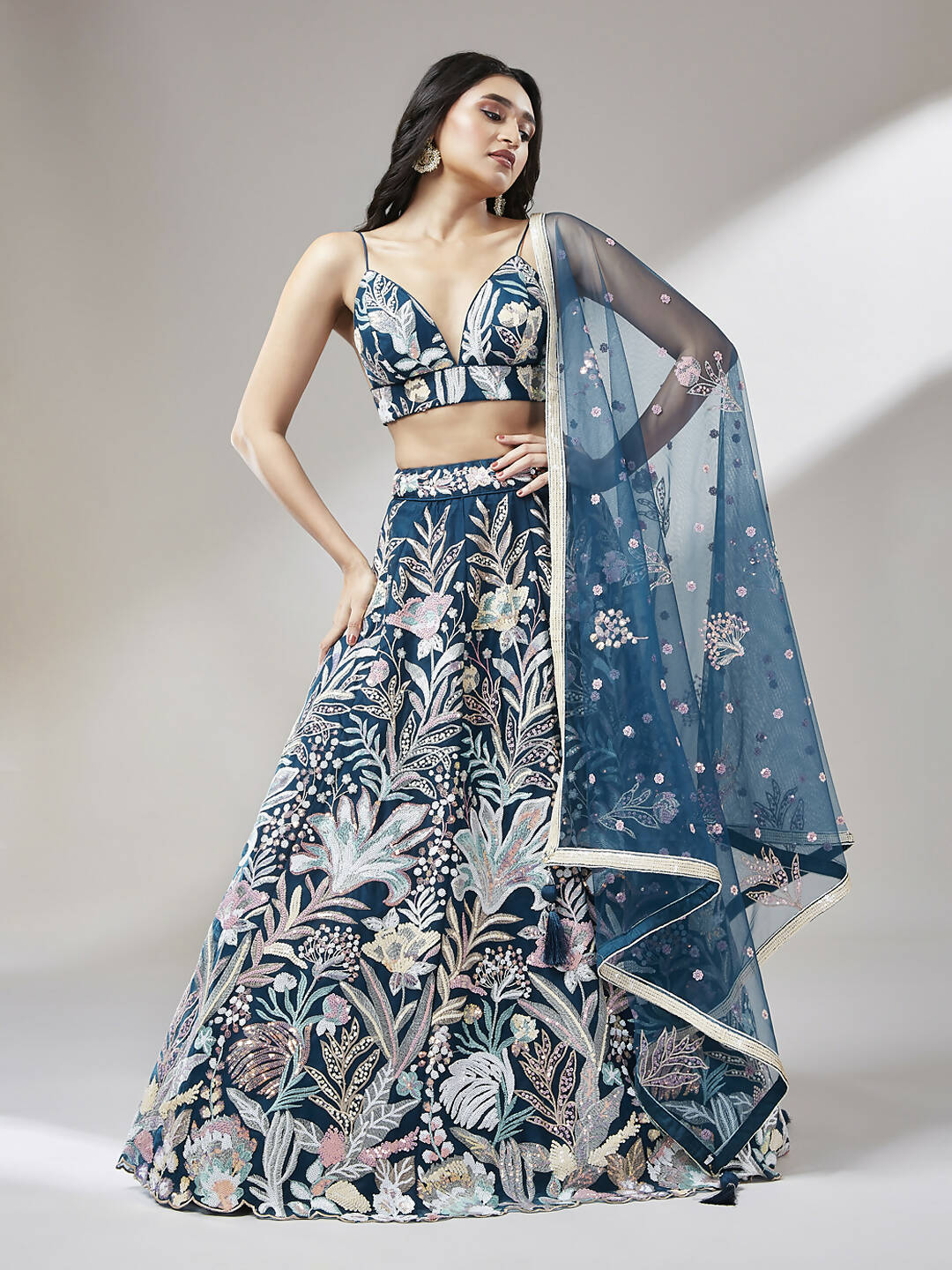 House of Panchhi Navy blue Net Sequinse Work Lehenga & Blouse with Dupatta - Distacart
