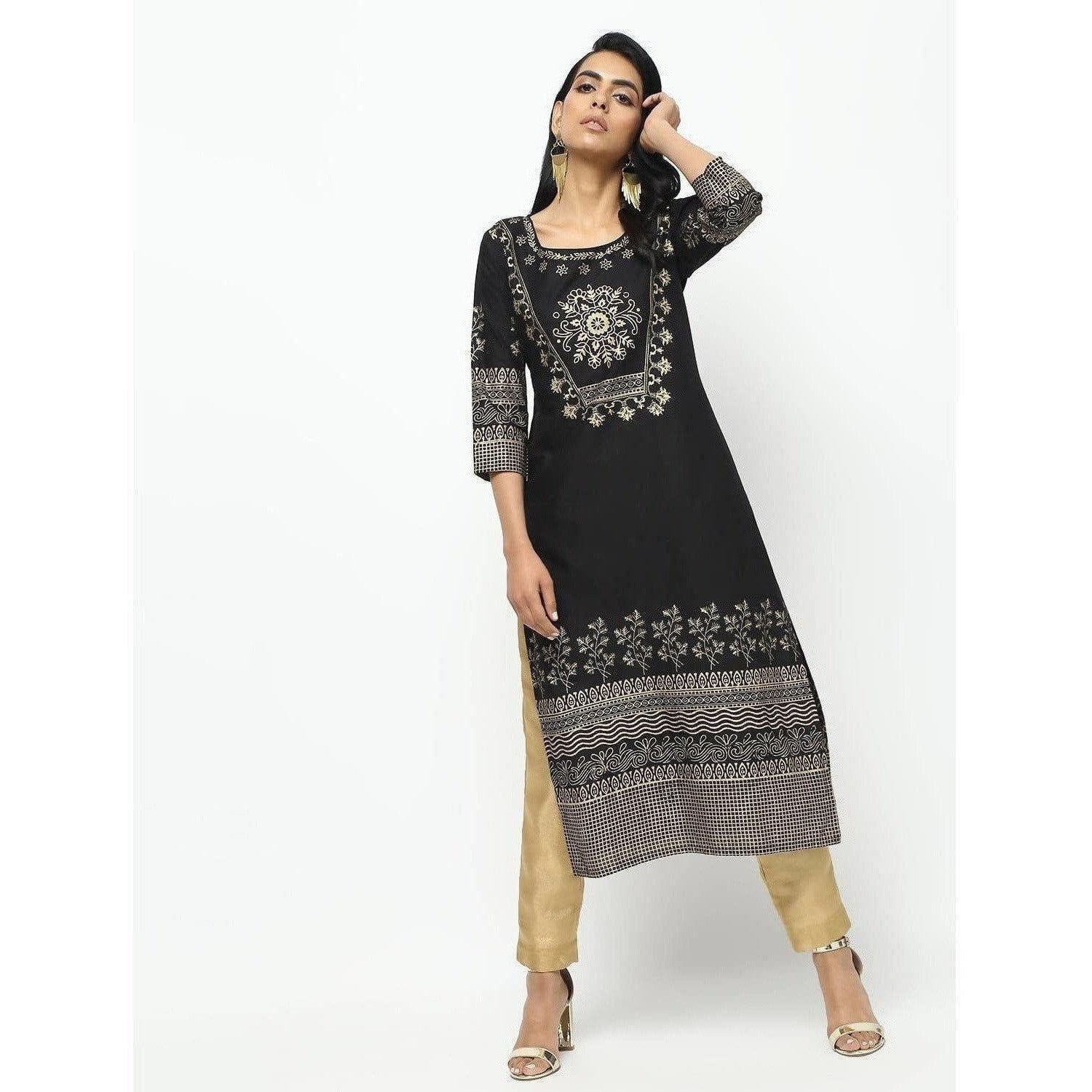 Cheera Black Straight Foil Printed Long Kurta