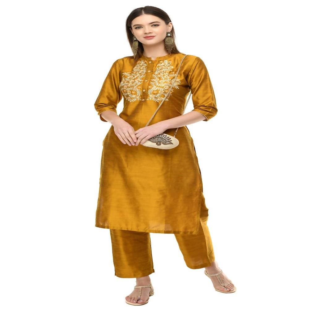 Lagi Women's Mustard Poly silk Straight Embroidred Kurta Pant (RO116C)