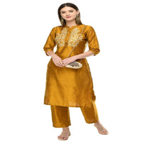 Thumbnail for Lagi Women's Mustard Poly silk Straight Embroidred Kurta Pant (RO116C)