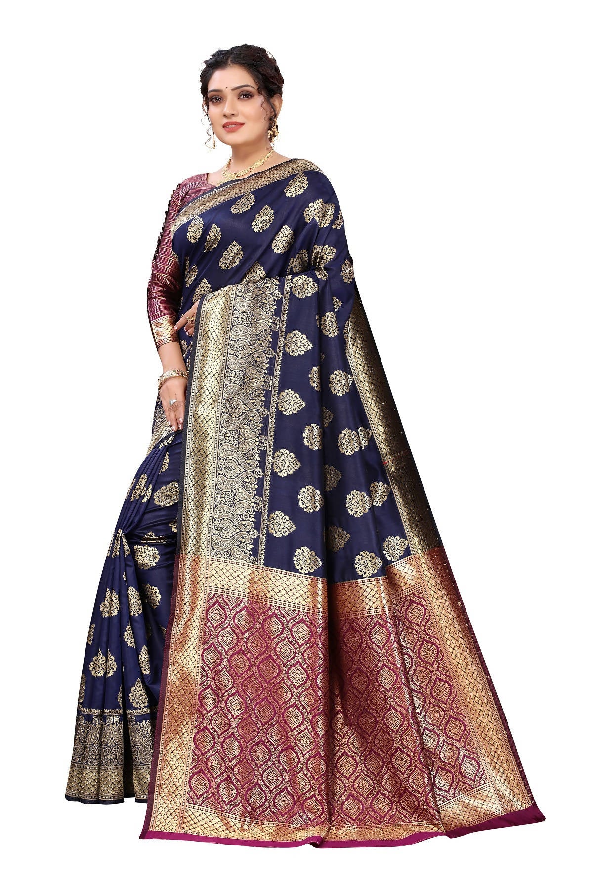 Vamika Ethnic Fire Navy Blue Weaving Banarasi Jacquard Saree - Distacart
