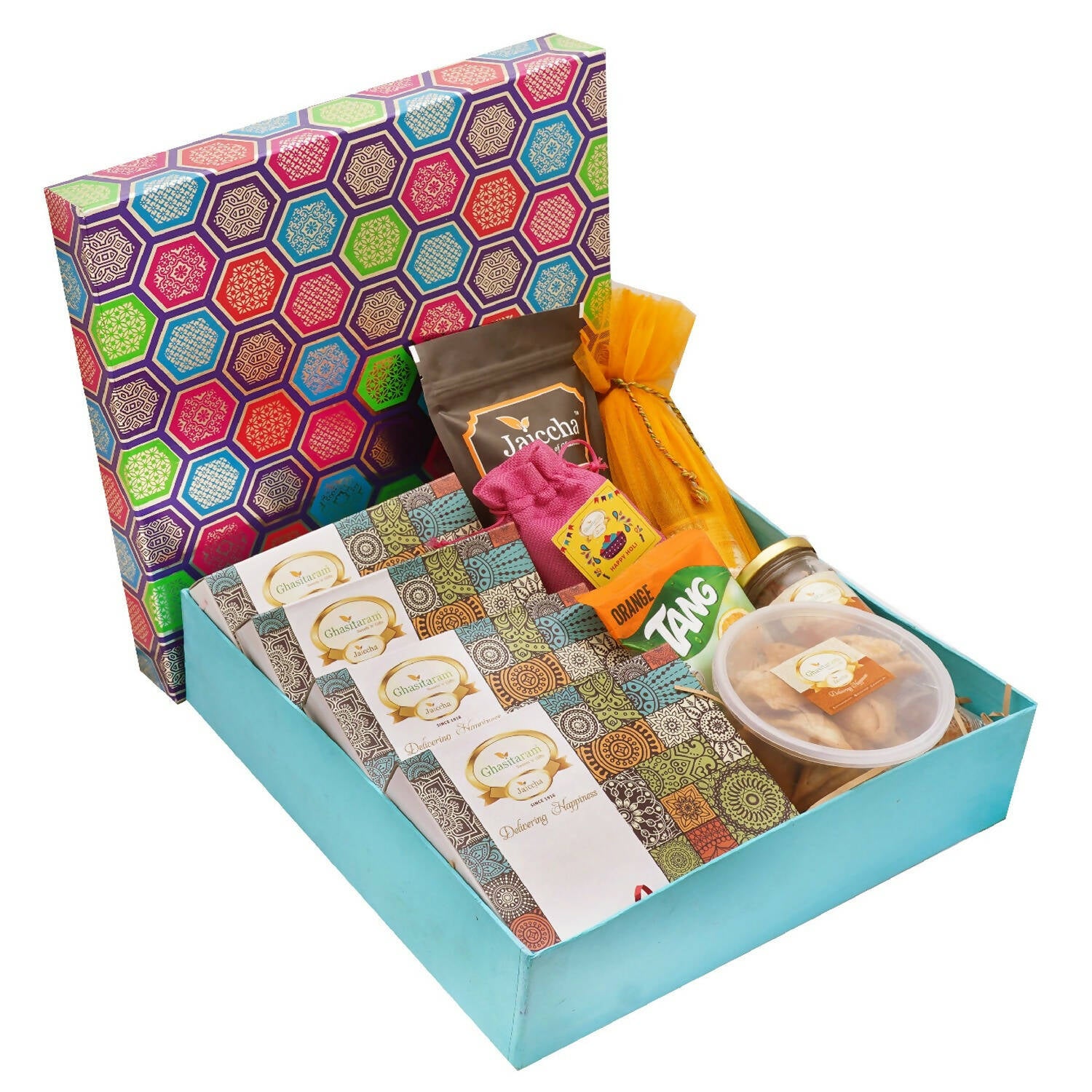 Ghasitaram Big Gourmet Hamper Box of Assorted Gujiyas, Butter Chakli, Sharbat, Thandai and Farsan Samosa - Distacart