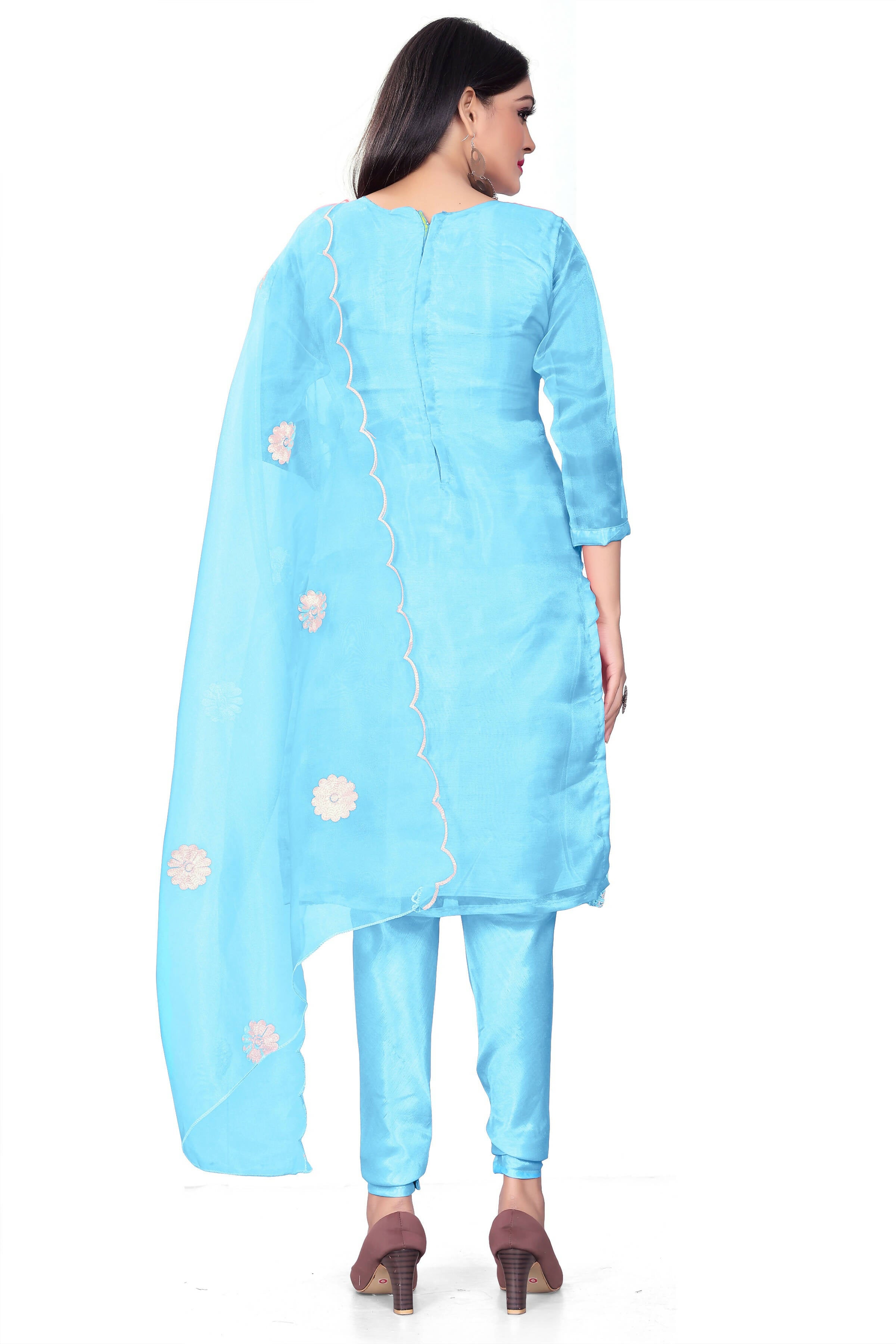 Sky Blue Organza Silk Embroidered Work Unstitched Dress Material - Tanvi - Distacart