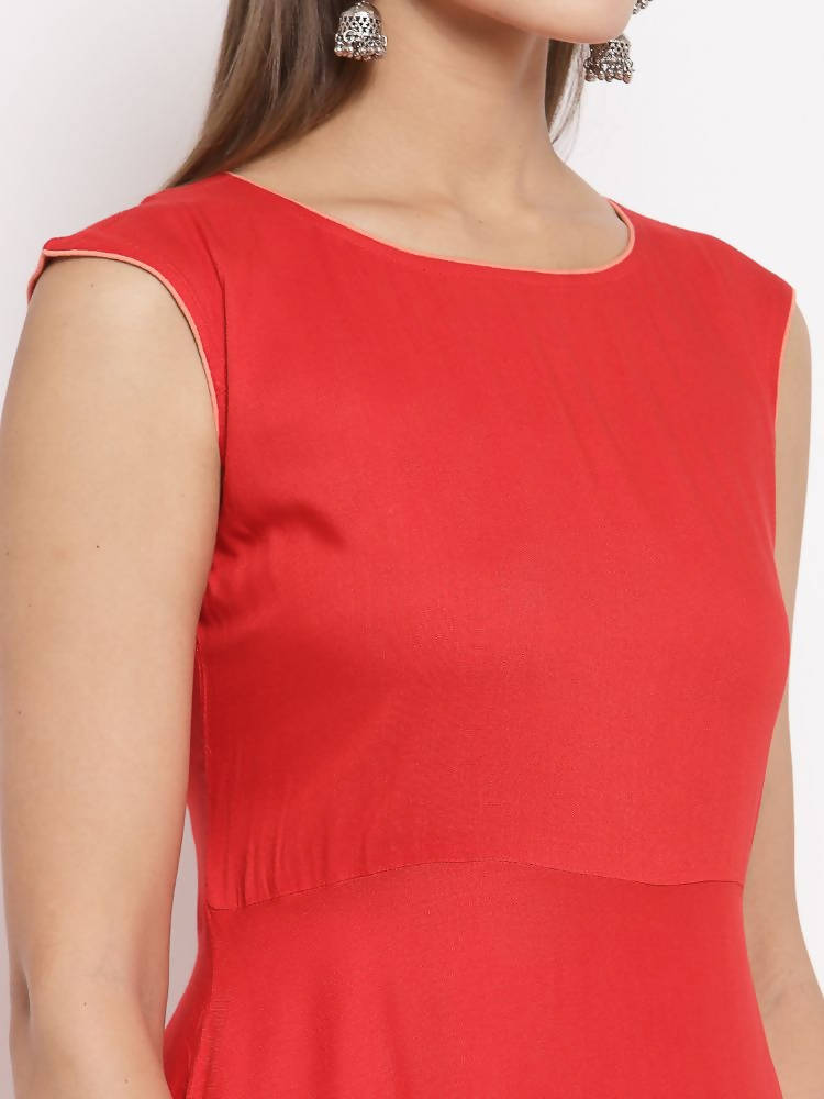 Myshka Women's Red Cotton Solid Sleeveless Round Neck Casual Kurta Dupatta Set