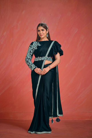 Dark Teal Crepe Silk Satin Thread & Stone with Kardana work Saree With Stitched Blouse - Mohmanthan Elegancia - Distacart