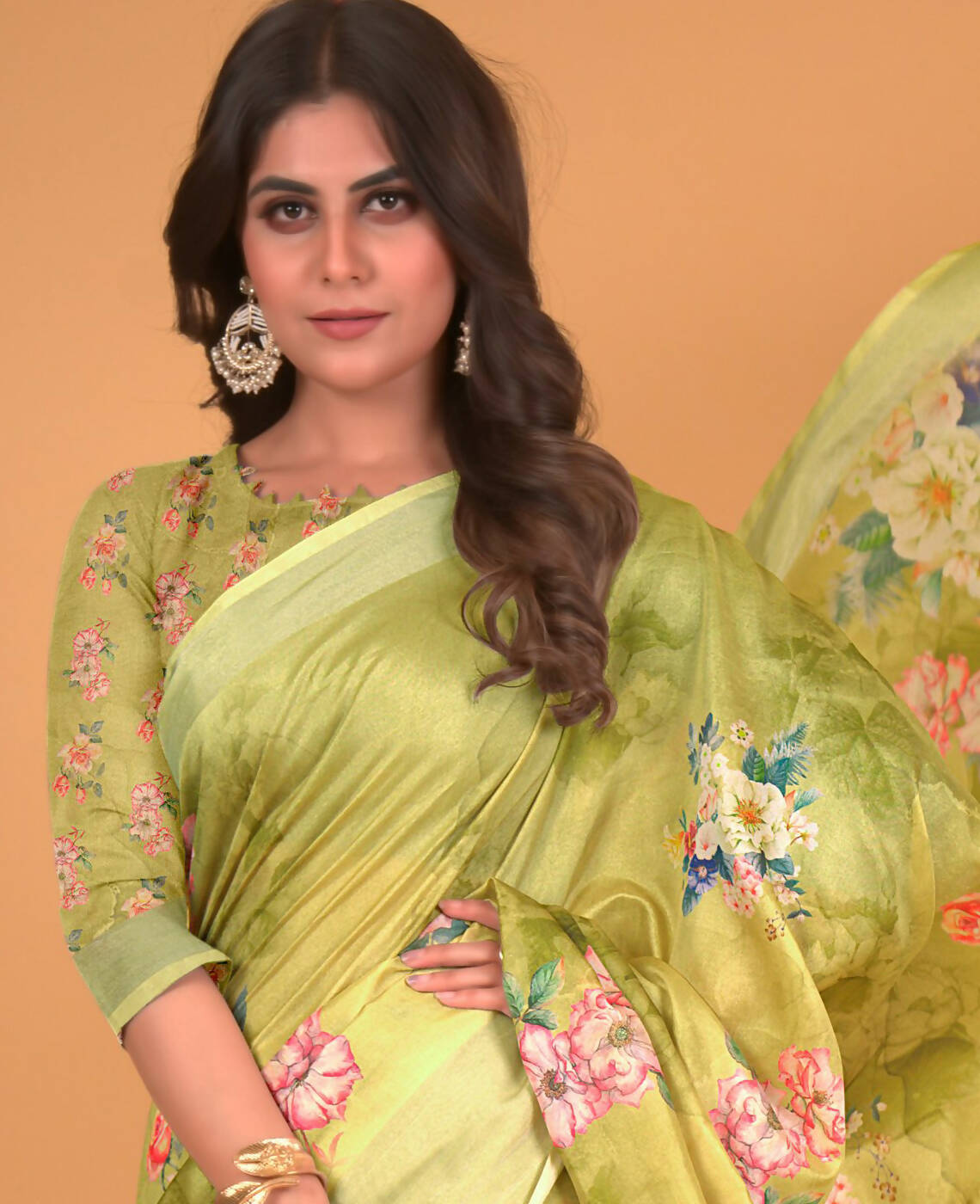 Green Cotton Silk Floral Printed Saree With Unstitched Blouse Piece - Akshita - Distacart
