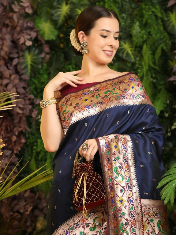Vishnu Weaves Women's Navy Blue Paithani Silk Zari Woven Saree with Unstitched Blouse - Distacart