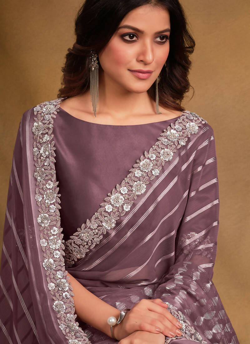 Lavender Georgette Kasab Designer Saree with Unstitched Blouse - Norita Mahitha - Distacart