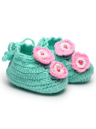 Chutput Kids Woollen Hand Knitted Flower Detailed Booties - Green - Distacart