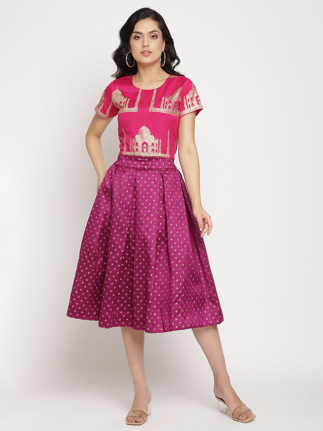 Ahalyaa Women's Pink Poly Silk Gold Foil Print Top With Skirt