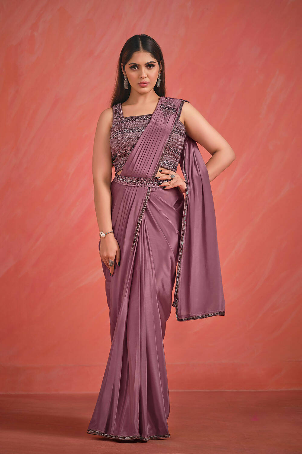 Dusky Wine Crepe Silk Georgette Thread & Sequence with Kardana work Saree With Stitched Blouse - Mohmanthan Elegancia - Distacart