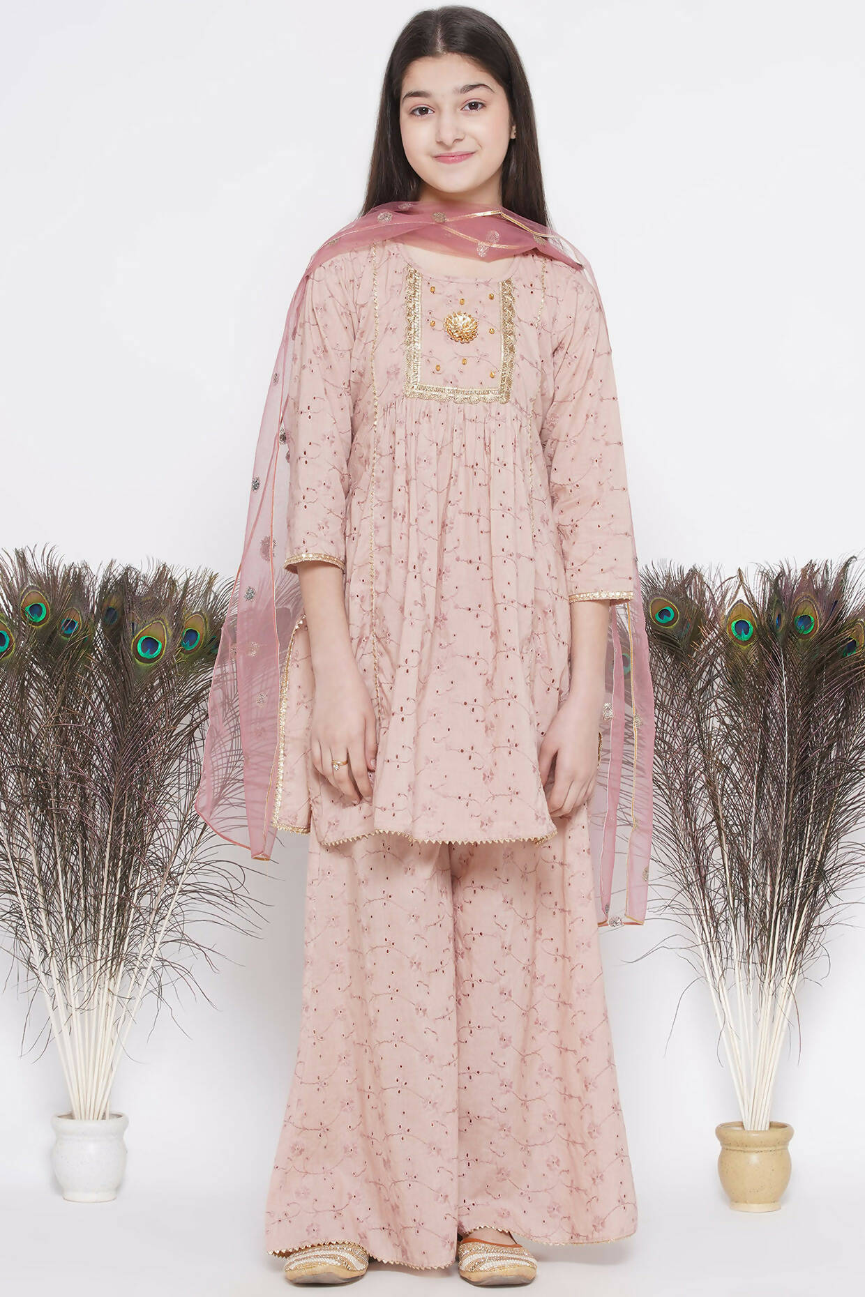 Little Bansi Floral Shiffli Kurta With Plazzo And Dupatta - Brown - Distacart