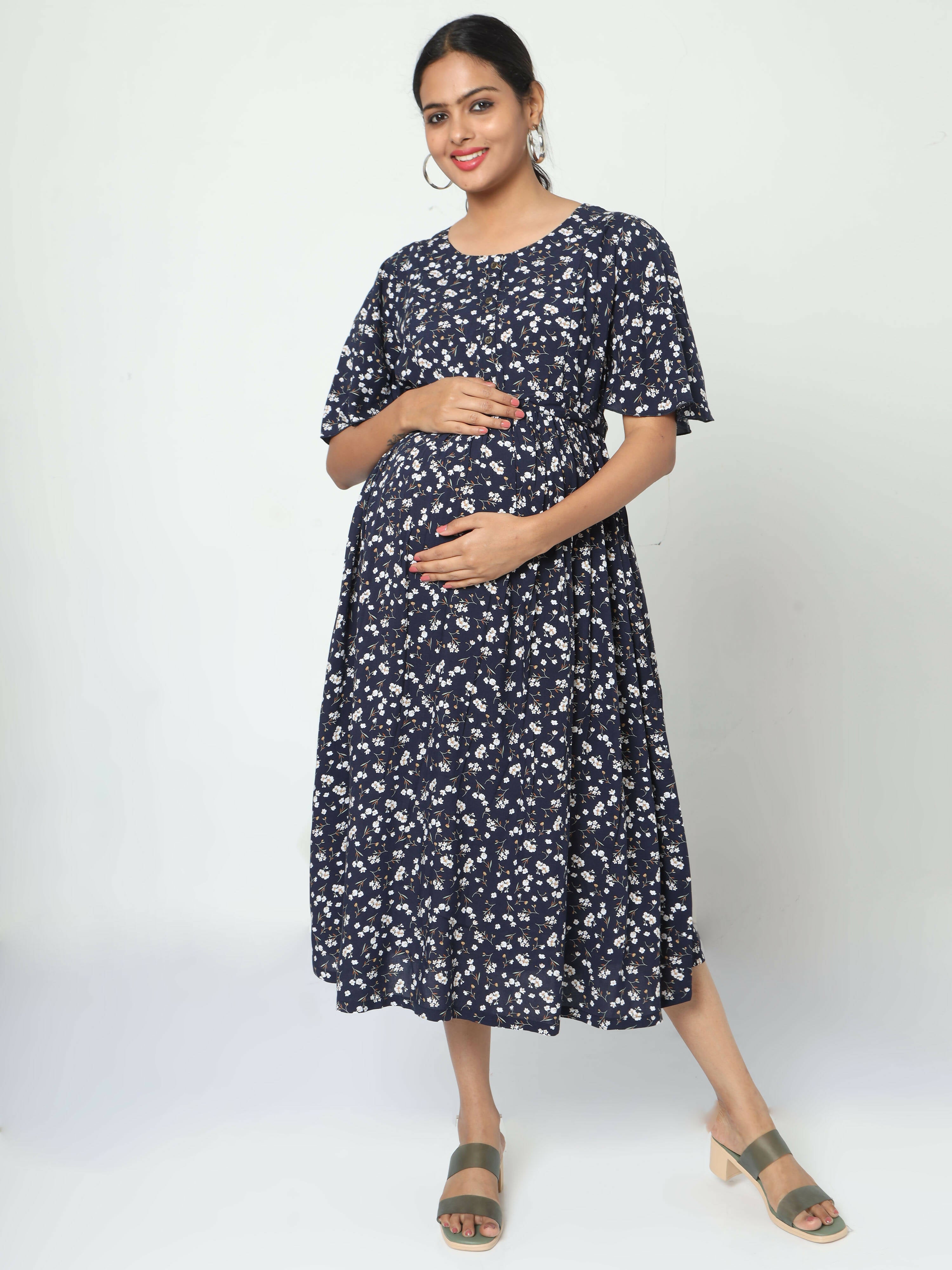 Manet Frill Slevees Maternity Dress Floral Print With Concealed Zipper Nursing Access - Navy - Distacart