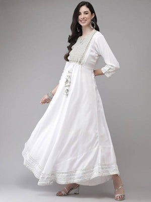 Yufta White Embroidered Ethnic Maxi Dress