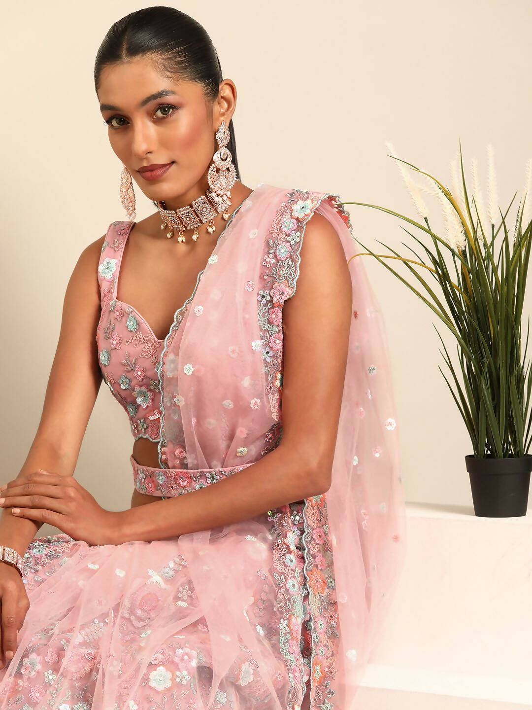 House of Panchhi Pink Net Sequins, Mirror and thread embroidery Lehenga choli & Dupatta - Distacart