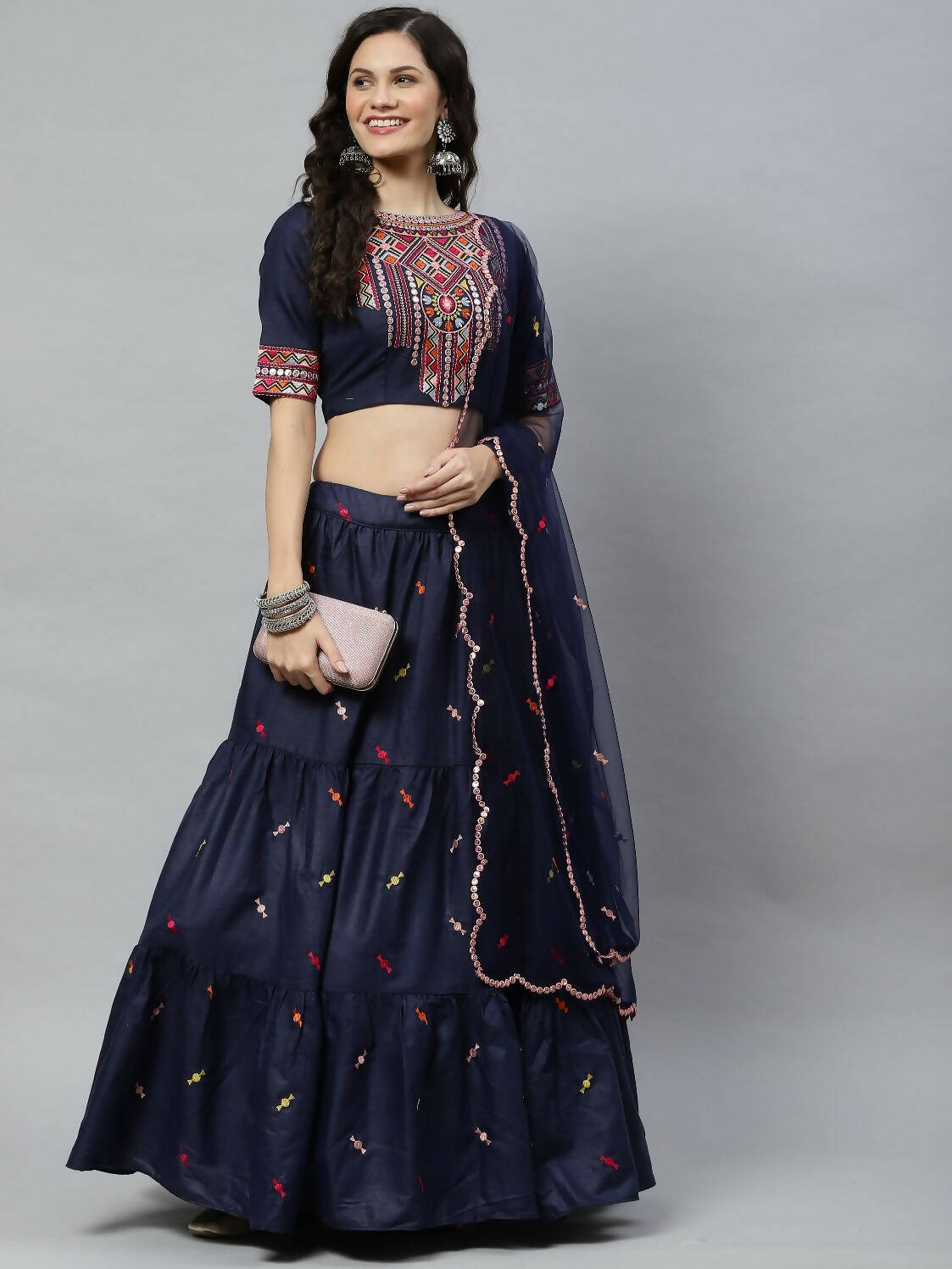 Navy Blue Cotton Embroidered Work Lehenga Choli with Dupatta - Jivika - Distacart
