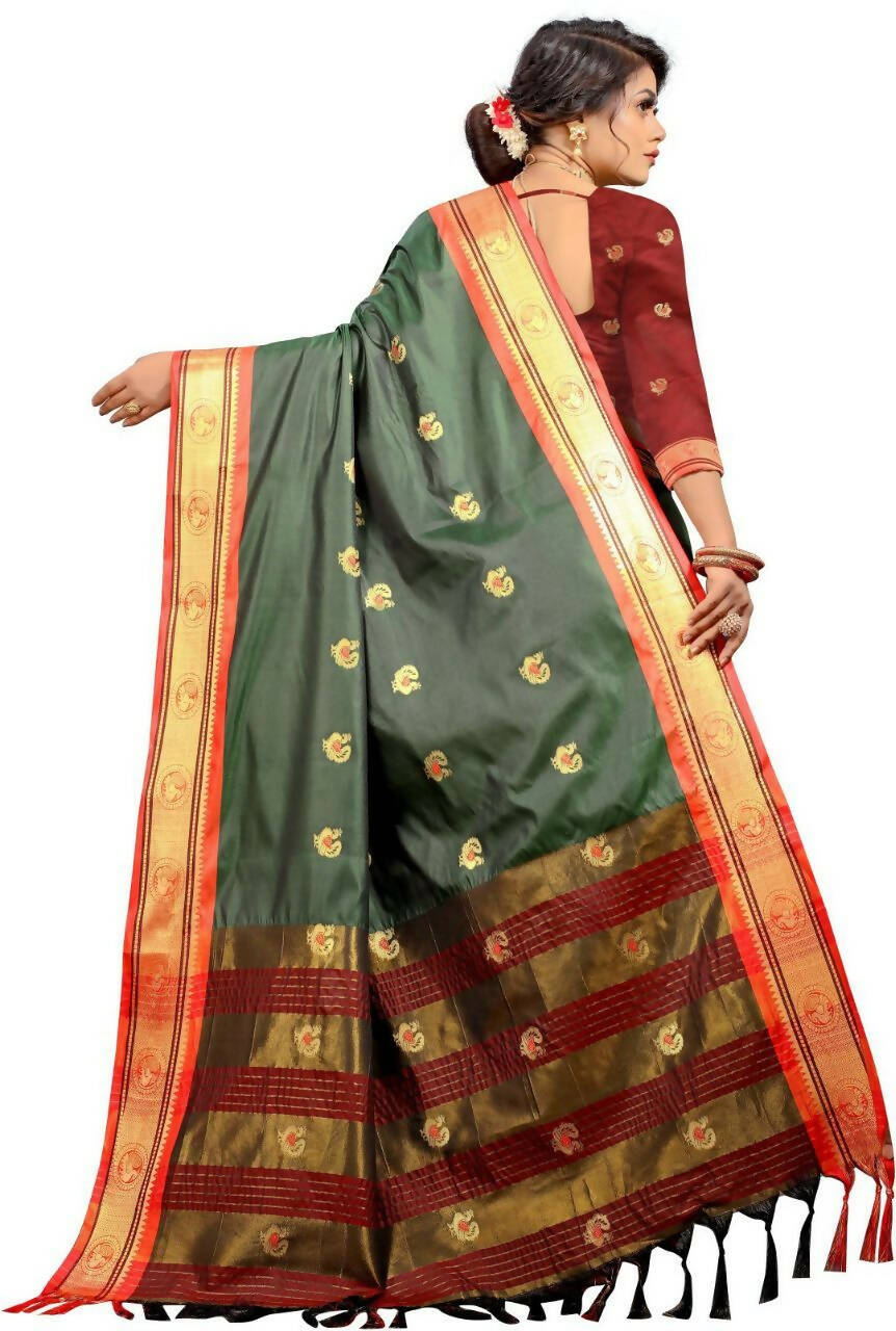 DEIANA'S Beautiful Golden Jari with New Design Soft Lichi Silk Saree - Green - Distacart