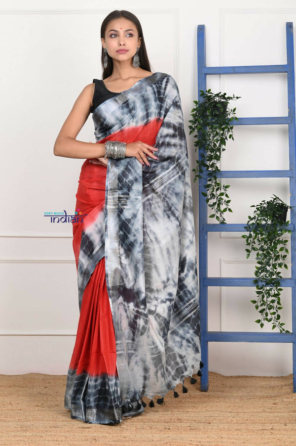 Very Much Indian Handmade Tie And Dye Cotton Saree By Women Weavers -Red Black - Distacart