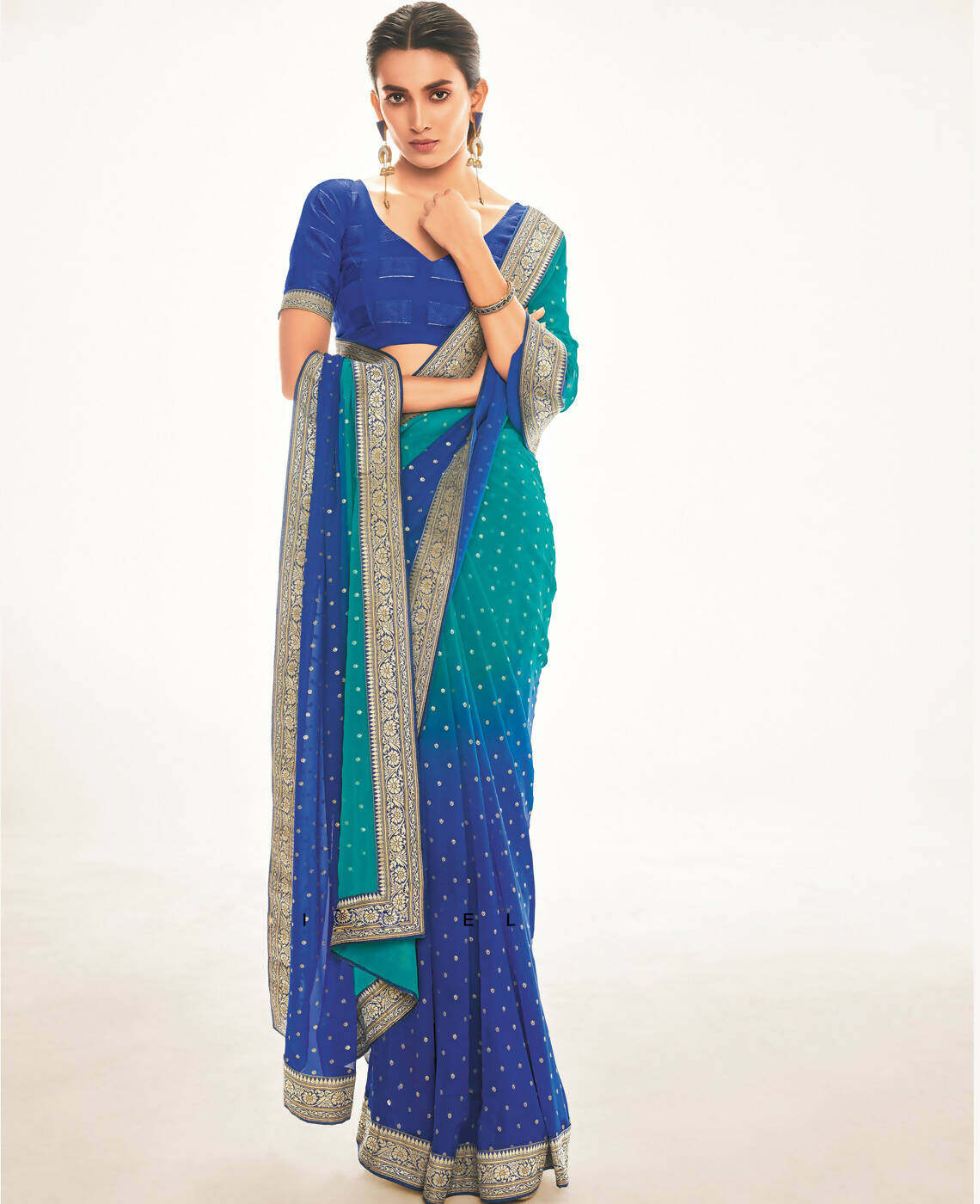 Blue Georgette Foil Printed Saree With Unstitched Blouse Piece - Nitya - Distacart