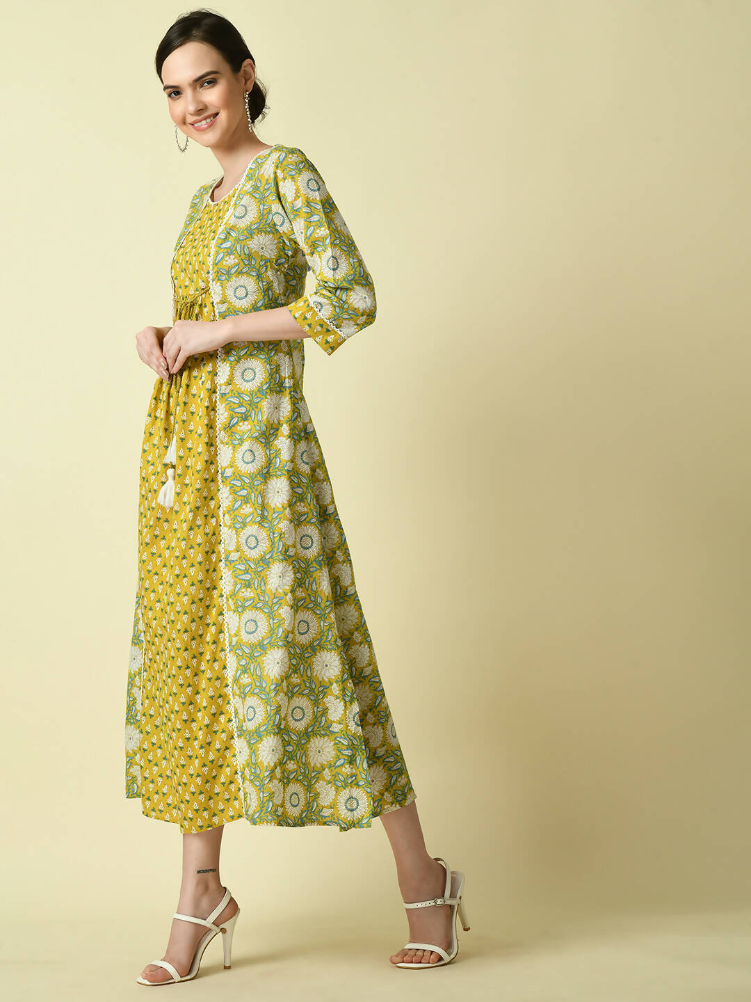 Myshka Women's Yellow Floral Printed Gown Dress - Distacart