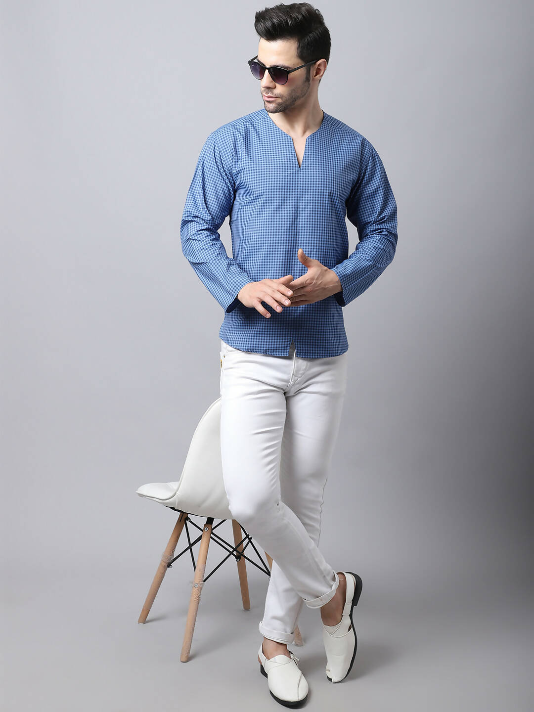 Even Apparels Blue Checked Men's Kurta With Band Collar - Distacart