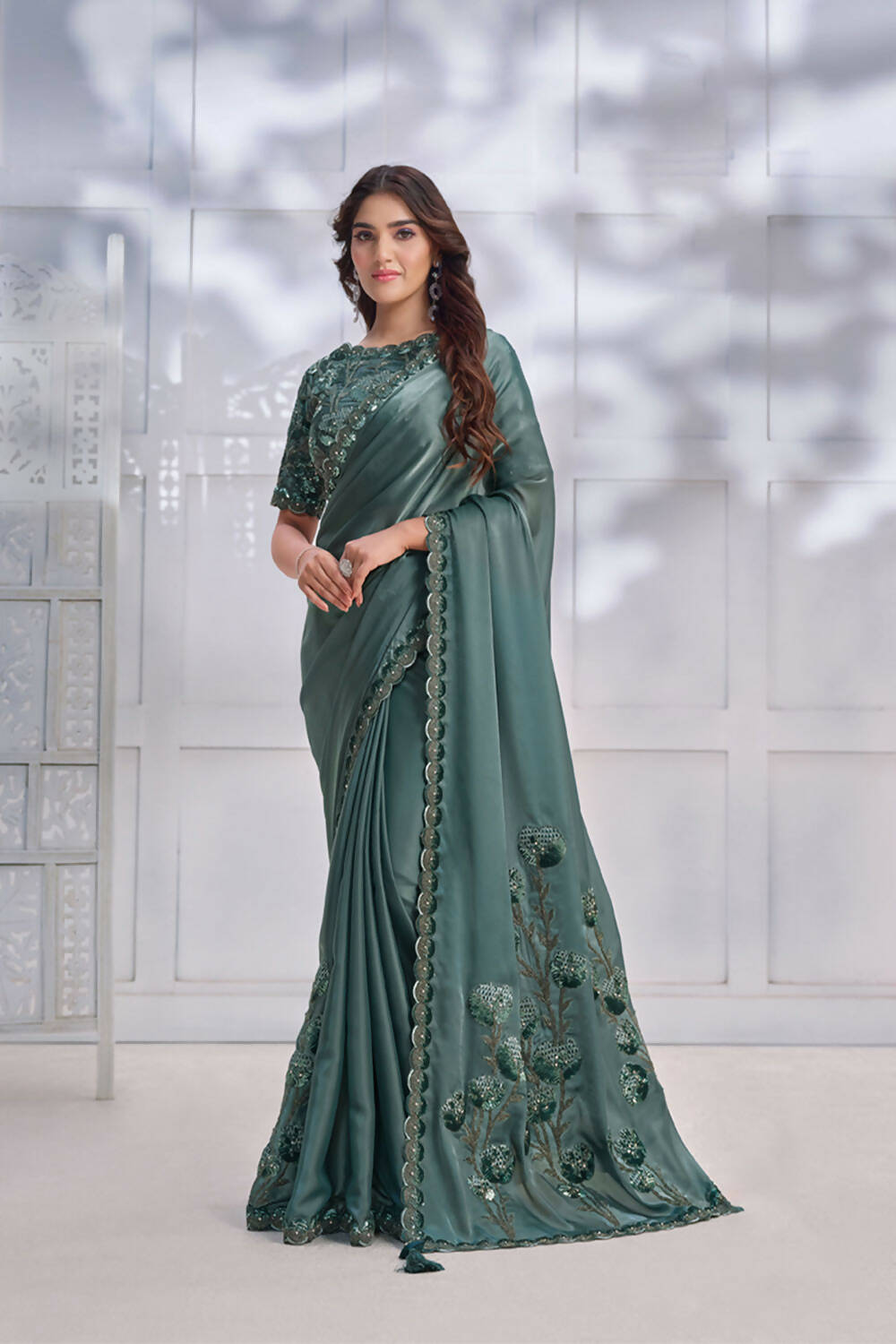 Sea Green Crepe satin silk Cord & Sequence Embroidered with Stone work Saree - Mohmanthan Majestica - Distacart