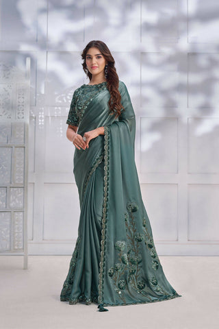 Sea Green Crepe satin silk Cord & Sequence Embroidered with Stone work Saree - Mohmanthan Majestica - Distacart