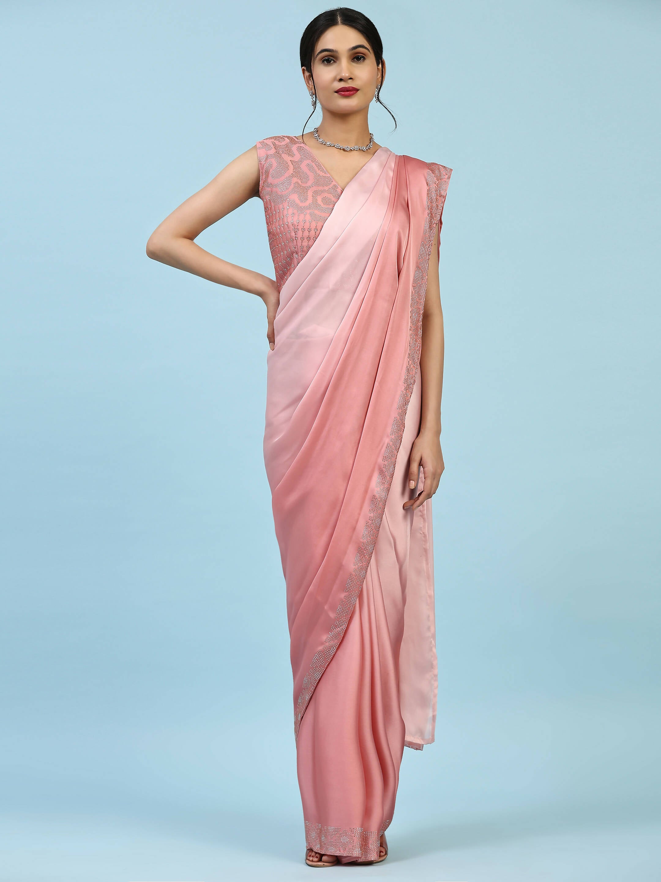 Peach Ombre Satin Georgette Plain Ready to wear Saree with stitched Blouse - Vrinda - Distacart