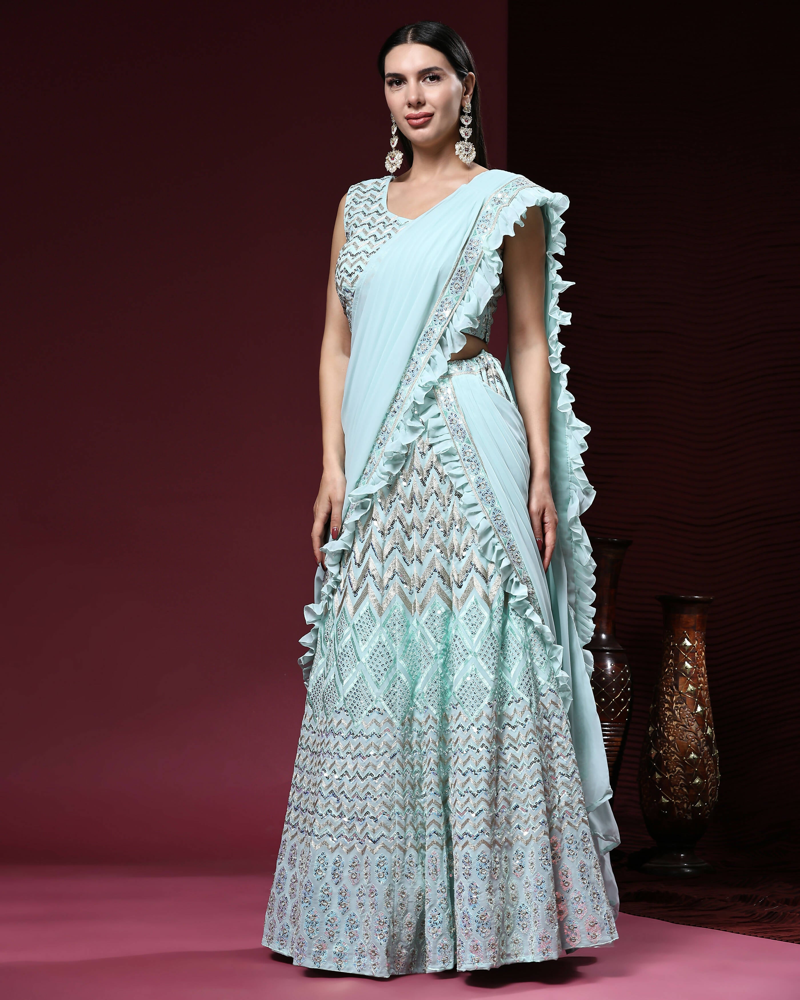 Sky Blue Pure Viscose Georgette Thread With Sequins Embroidery Work Lehenga Choli With Dupatta - Tanya - Distacart