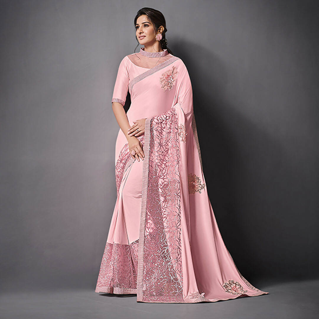 Pink Lycra Raw Silk Sequins Embroidery, Applique Work Saree - Norita Eileen - Distacart