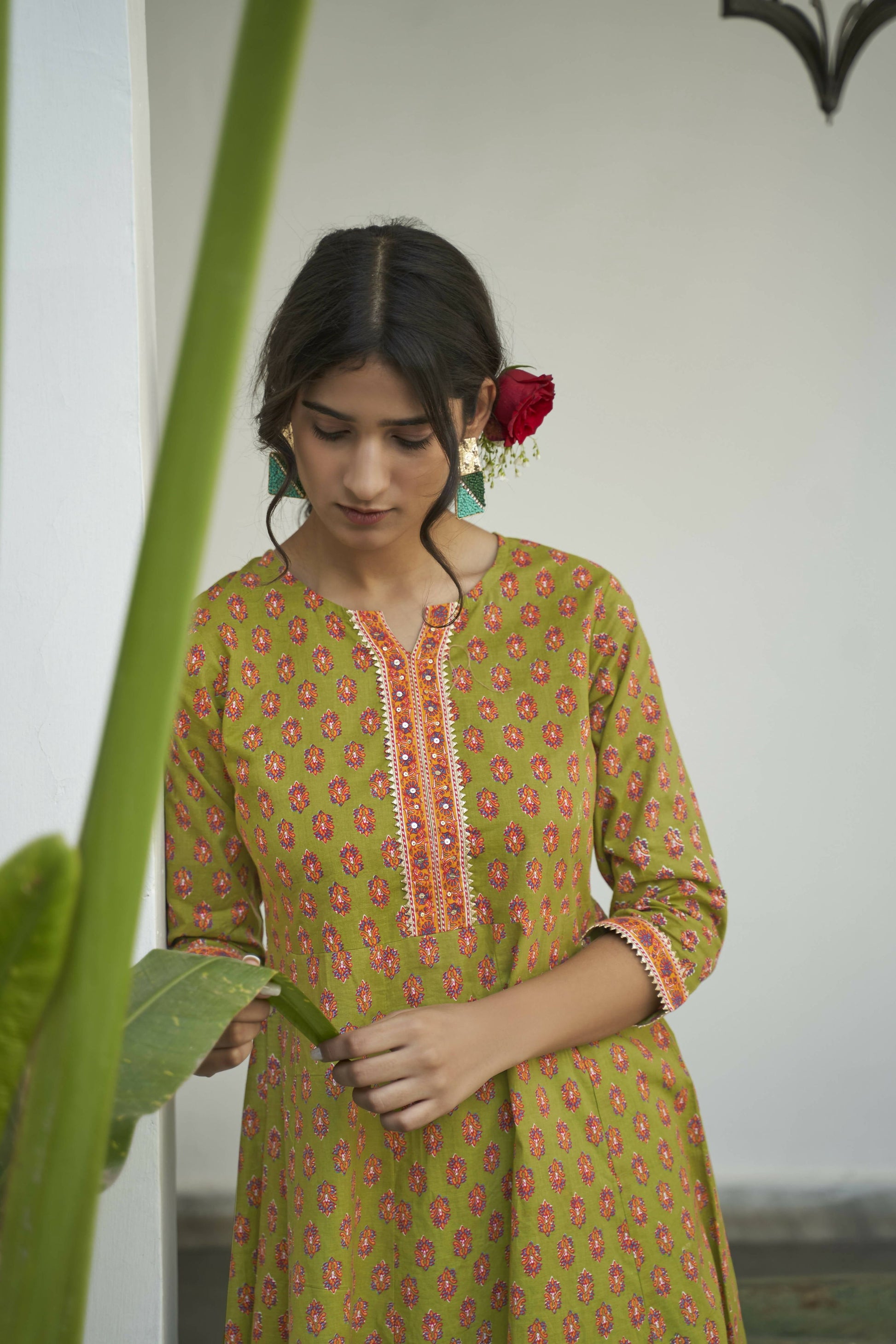 Green Cotton Floral Printed A line Kurta - Prasuti - Distacart