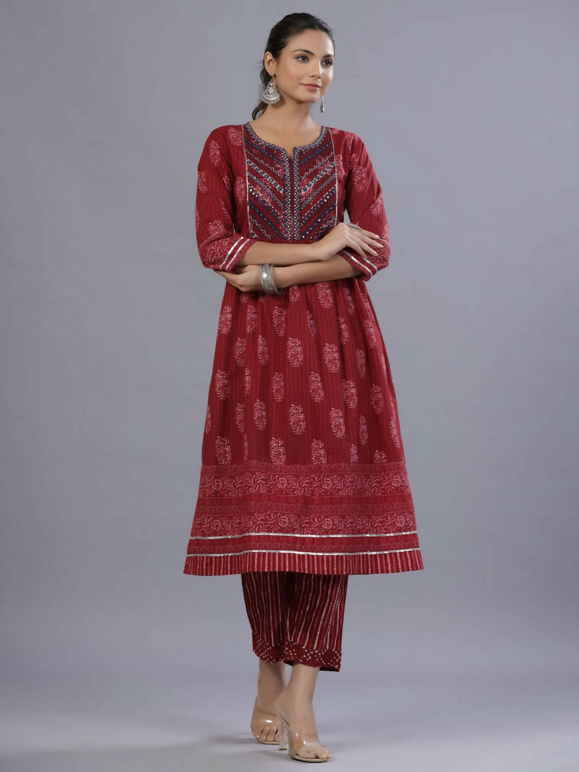 Juniper Women Maroon Cotton Cambric Batik texture Printed Kurta, Pants and Dupatta Set - Distacart