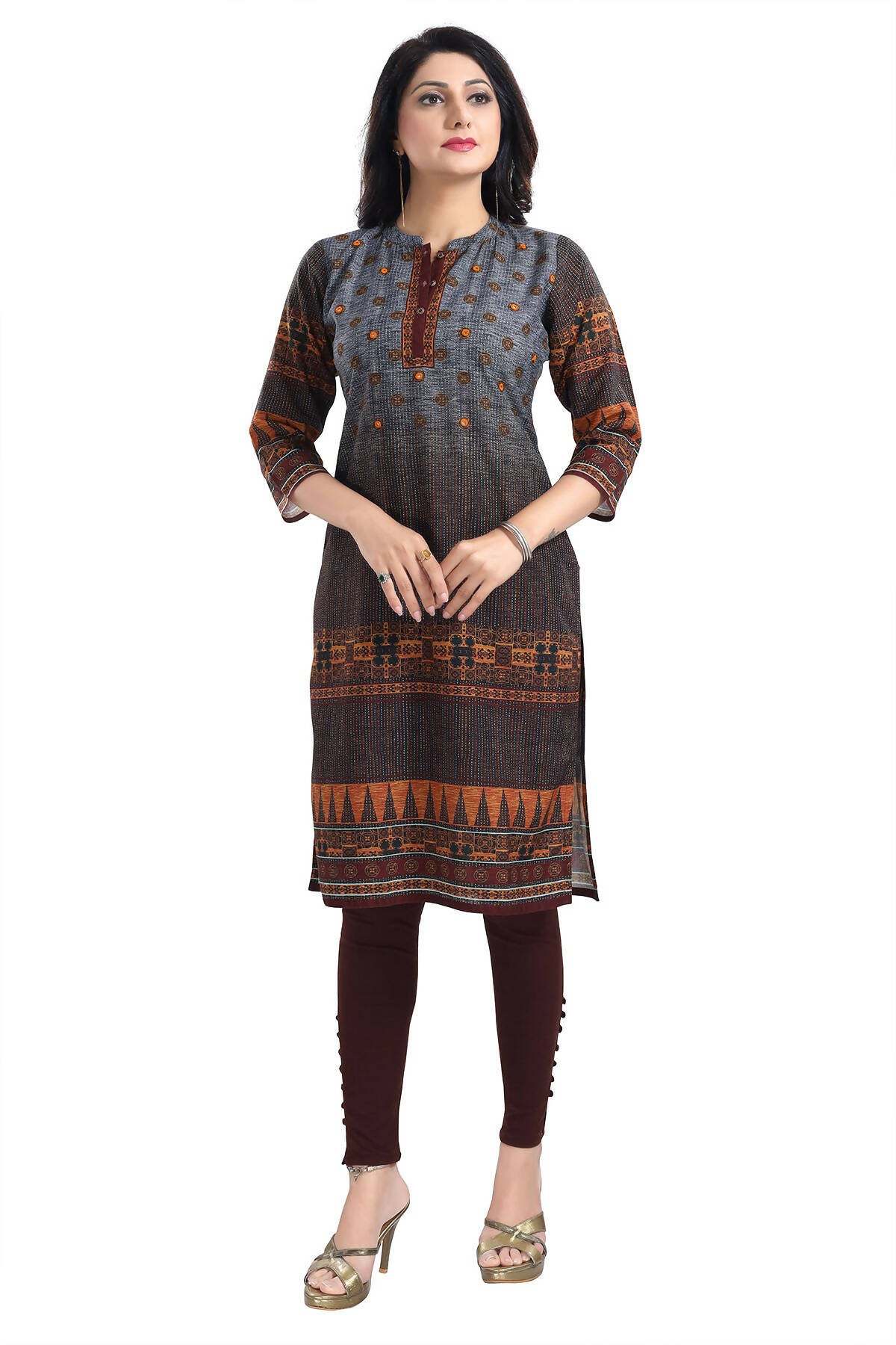 Snehal Creations Beautiful Brown Designer Print Cotton Slub Long Kurti Tunic - Distacart