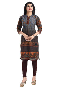 Thumbnail for Snehal Creations Beautiful Brown Designer Print Cotton Slub Long Kurti Tunic - Distacart