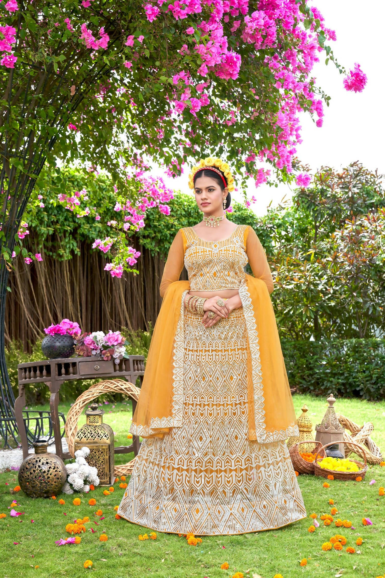 Yellow Net Embroidered Semi Stitched Lehenga Choli with Dupatta - Bhagya - Distacart
