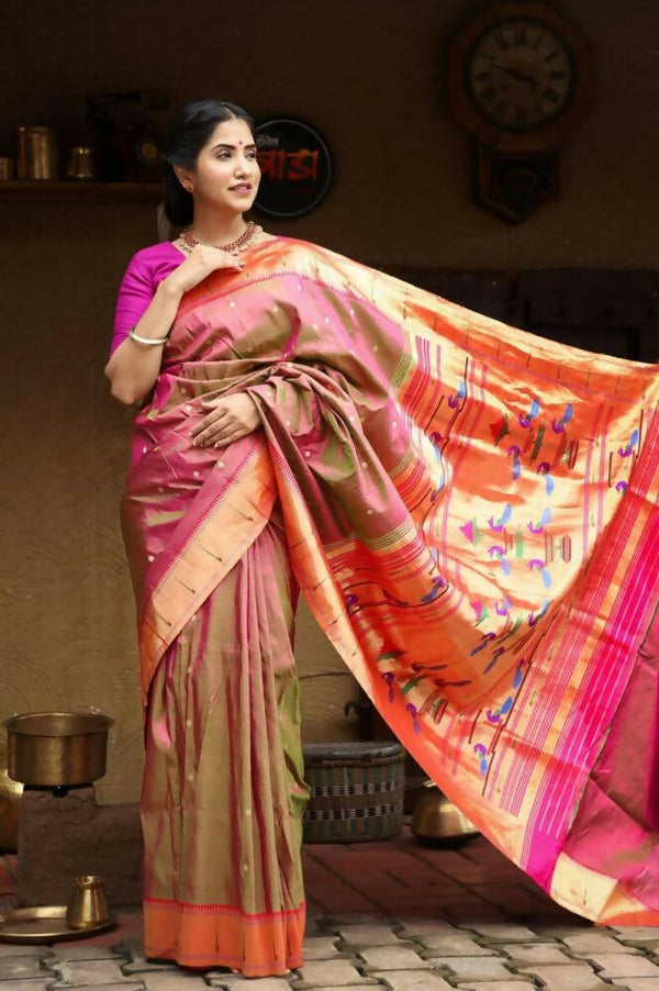 Very Much Indian Handloom Silk Muniya Border Paithani Dual Tone Beautiful Pink Green - Distacart