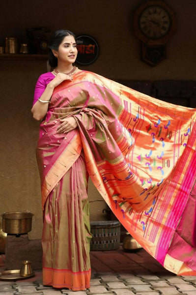 Very Much Indian Handloom Silk Muniya Border Paithani Dual Tone Beautiful Pink Green - Distacart