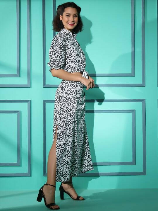 White Crepe Geometric Printed Top with Matching Skirt - Shivani - Distacart