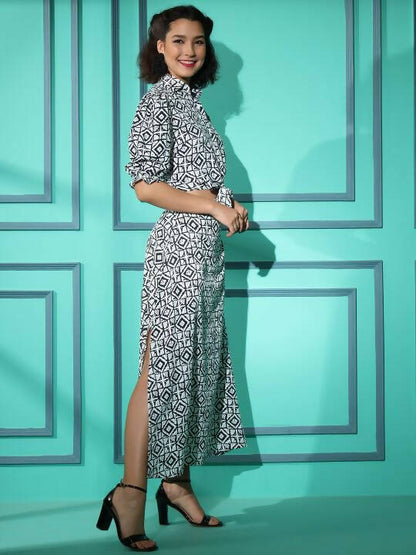 White Crepe Geometric Printed Top with Matching Skirt - Shivani - Distacart