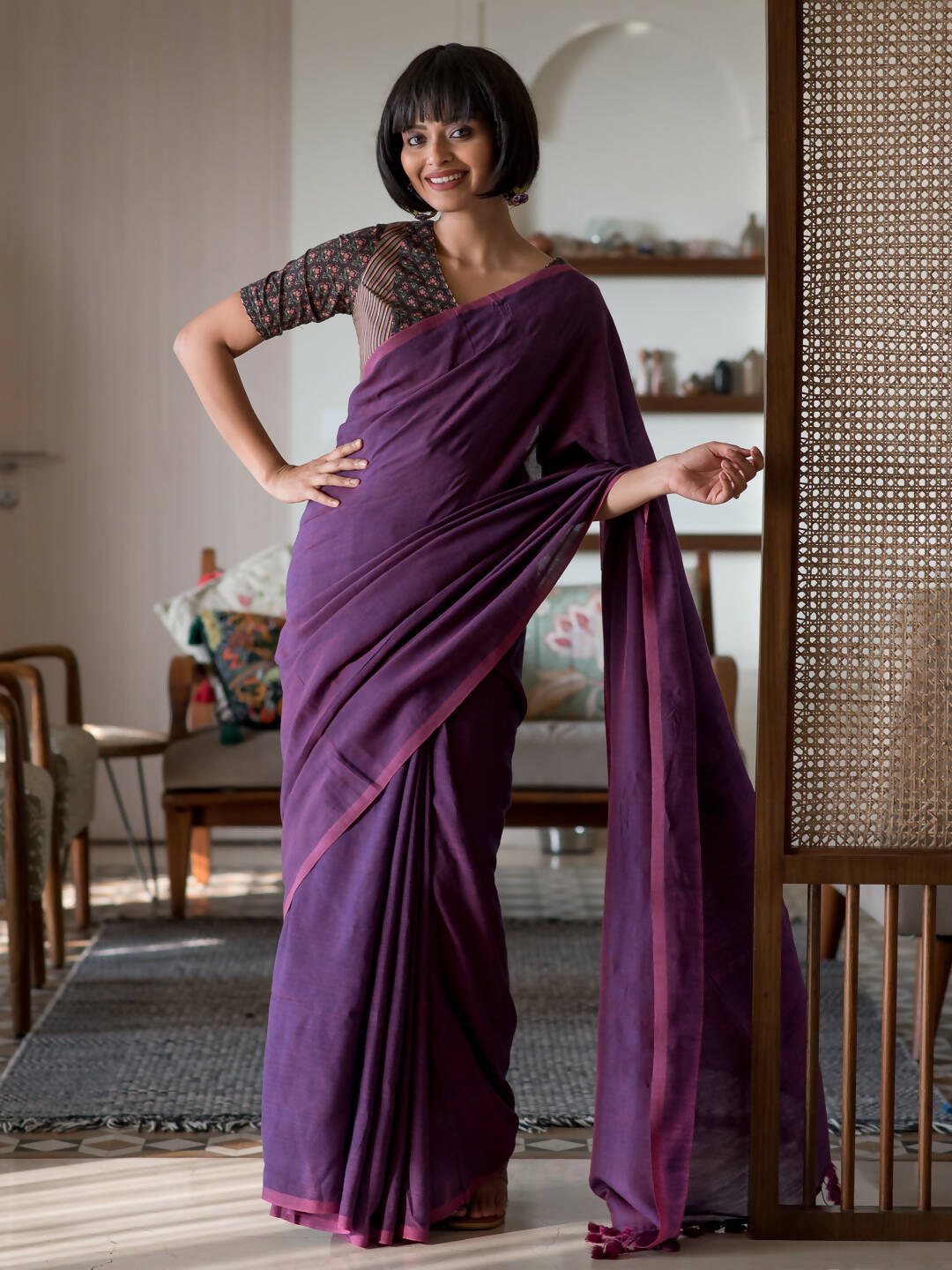 Suta Purple Solid Cotton Blend Saree - Distacart